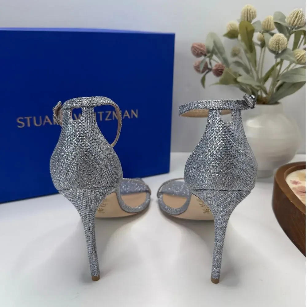 Stuart Weitzman Nudistcurve 100Sanda Ankle Strap Sandal Silver Women's 9.5B